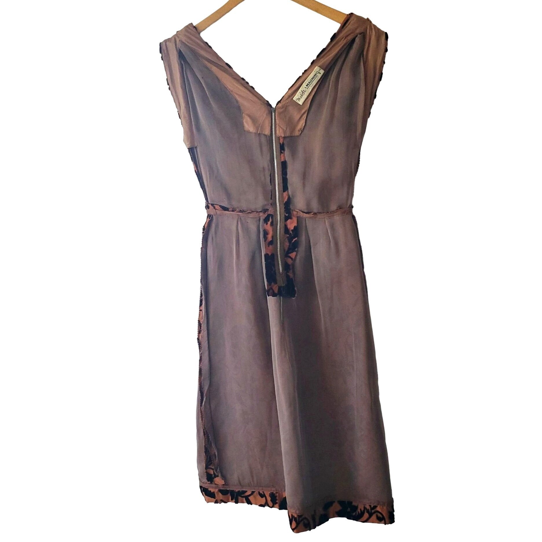 50s Cocktail Dress Cut Velvet Floral Copper Vintage I Magnin