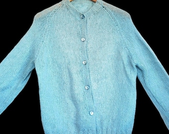 Mohair Sweater Cardigan Hand Knit Baby Blue 1960s Raglan Sleeves Small Medium