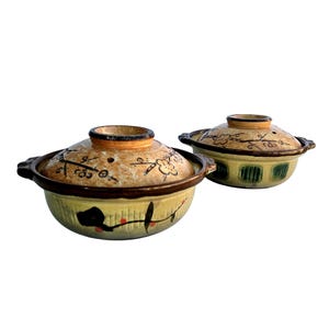 Vintage Japanese Donabe Clay Pot Set 2 Sakura Lid Earthenware Japan 9"