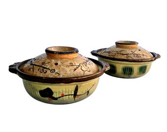 Juego de 2 ollas de barro Donabe japonesas antiguas con tapa Sakura, cerámica japonesa de 23 cm (9 pulgadas)