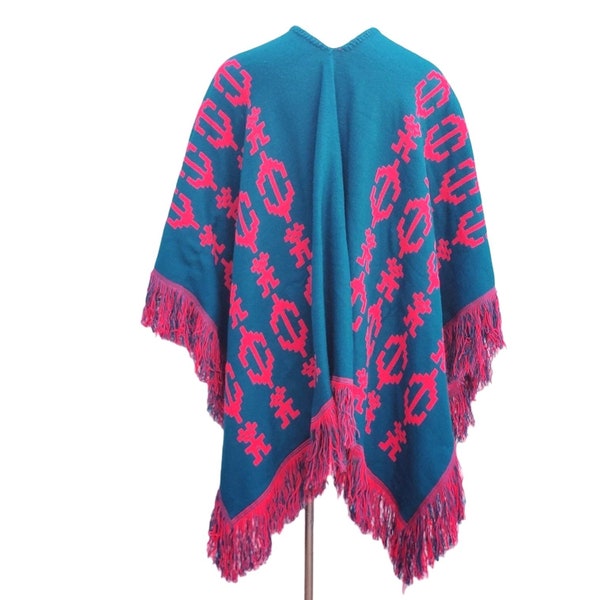 Woven Poncho Serape Blanket Reversible Colorblock Fringe Teal Blue Red XXL VFG