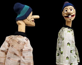 Two Hand Carved Puppets Wayang Golek Long Nose Java Indonesia Beanie Hats 17"