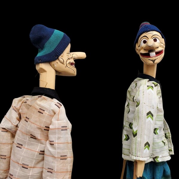 Two Hand Carved Puppets Wayang Golek Long Nose Java Indonesia Beanie Hats 17"
