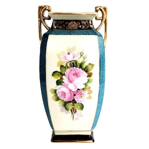 Antique Nippon Art Nouveau Vase Floral Hand Painted Pink Roses Gilt 10 Inches