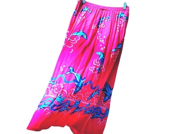 Midi Skirt Summer Pink Rayon Medium Blue Dolphins Curved Hem Elastic Waist