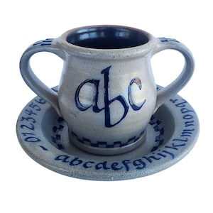 Rowe Pottery Vintage Ceramic Childs ABC 123 Cup Bowl Set 1992 Salt Glaze