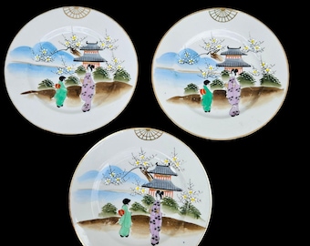Vintage Geisha Japanese Porcelain Plates Set of 3 Pagoda Gold Rim 7 inch