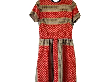 Vintage 60s Cotton Paisley Red Print Hippie Bohemian Dress Metal Zipper Size 10 12