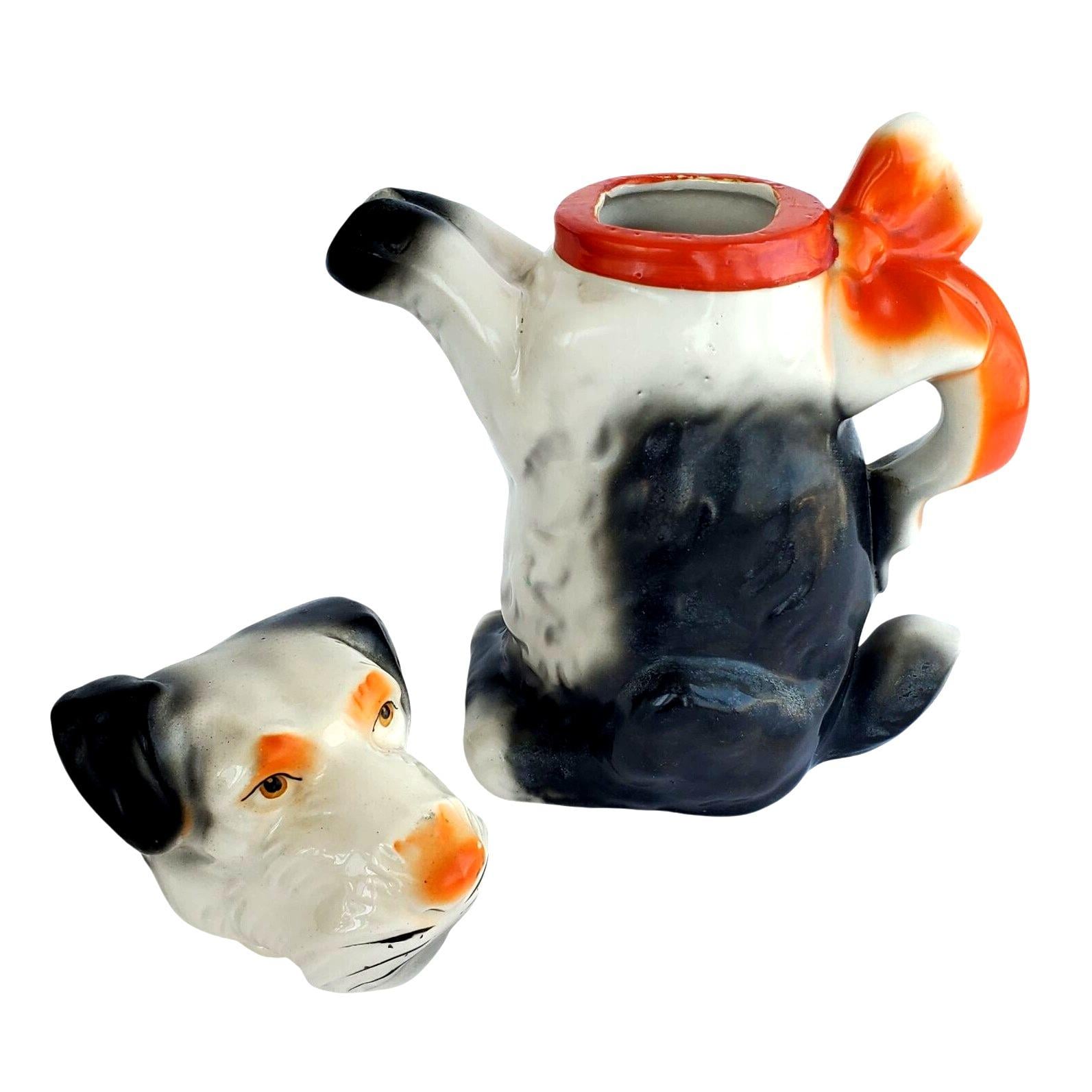 1930年代のマジョリカテリア犬用ティーポットヴィンテージ陶器蓋付き