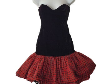 Vintage 80s Strapless Black Velvet Pouf Skirt Mini Formal Dress Size XS