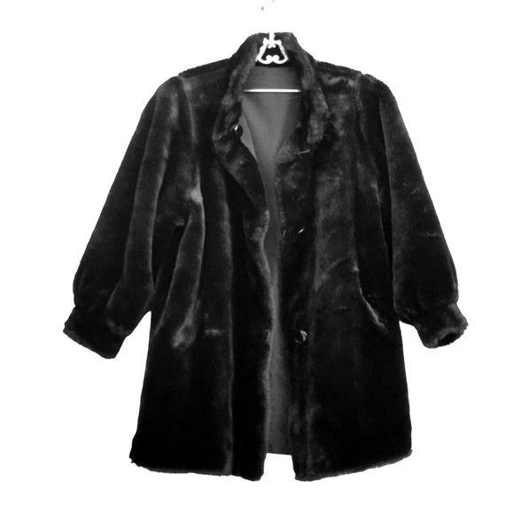 Black Coat 80s Women 2X 18 Faux Fur Vegan Reversi… - image 3