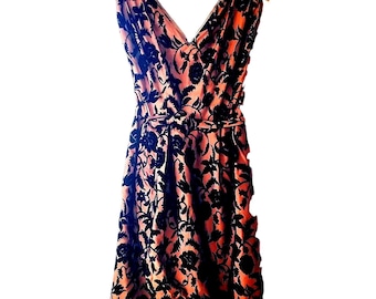 50s Cocktail Dress Cut Velvet Floral Copper Vintage I Magnin Modelique 24" Waist