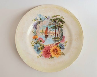 Shelf Decor, Antique Globe China Decorative Plate, Vintage Plate with Sailboat and Flowers, Transferware Plate