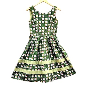 50er Jahre Damen Kleid Medium Vintage Fit and Flare Grüne Baumwolle Ärmellos