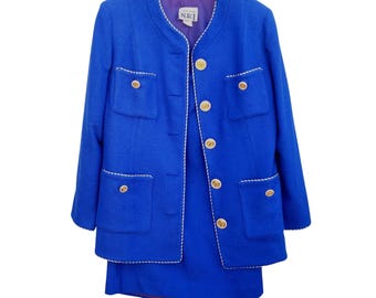 Vintage 80er Jahre Electric Blue Wolle Power Rockanzug L XL Strassknöpfe