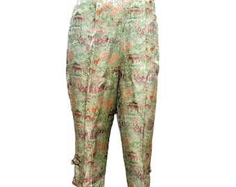 Vintage 70s Cropped Pants 4 Chinese Capri Pedal Pusher Brocade Green