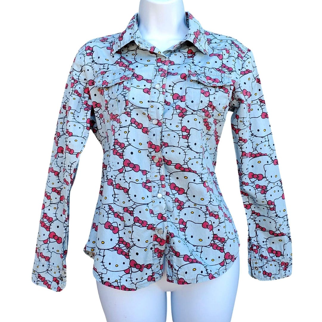 【HELLO KITTY】総柄ロングパンツ& 総柄開襟シャツ Hello Kitty Pearl Snap Shirt Cotton Long Sleeve Western Womens S