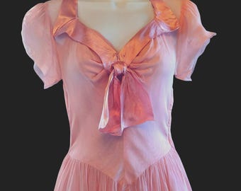 1930s Pink Chiffon Gown: Vintage Debutante Dress with Satin Bow
