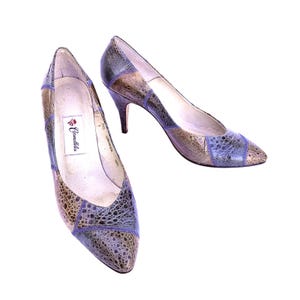 Vintage 1980s Womens Turquoise Patchwork Exotic Leather Pumps Size 9