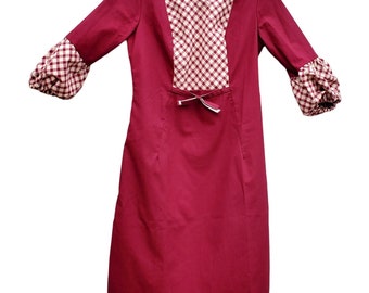 70s Dress Womens Small Maroon Gingham Plaid Puff Sleeves Empire Waist Modest