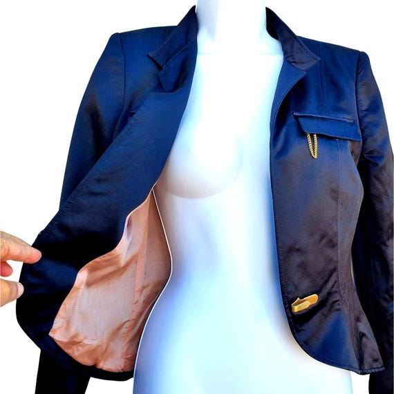 Stella McCartney, Stella McCartney Black Silk Cropped Jacket S Gold Chain Detail Made in Italy 40