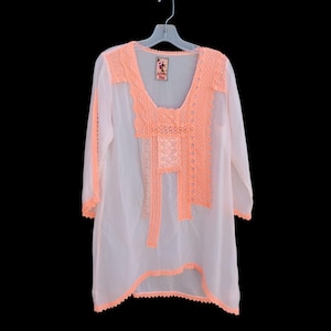 Johnny Was Size M Sheer White Boho Tunic Top Long Sleeves with Orange Lace