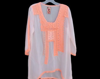 Johnny Was Size M Sheer White Boho Tunic Top Long Sleeves with Orange Lace