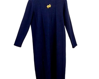 80s Vintage Black Wool Knit Midi Sweater Dress XL Aya Bendat Long Sleeve Brooch