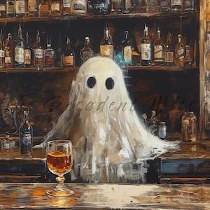 Peut inclure: Un fant&ocirc;me blanc se tient debout &agrave; un bar avec un verre de liquide ambr&eacute; devant lui. Le bar est bord&eacute; de bouteilles d'alcool sur des &eacute;tag&egrave;res derri&egrave;re le fant&ocirc;me.