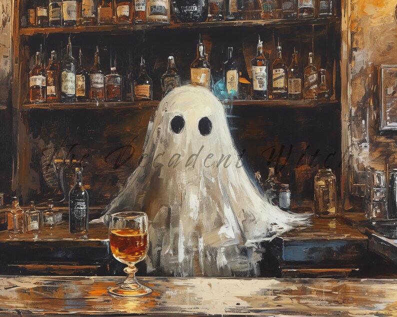 Peut inclure: Un fant&ocirc;me blanc se tient debout &agrave; un bar avec un verre de liquide ambr&eacute; devant lui. Le bar est bord&eacute; de bouteilles d'alcool sur des &eacute;tag&egrave;res derri&egrave;re le fant&ocirc;me.