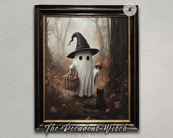 May include: A framed art print depicts a whimsical ghost wearing a witch hat and holding a basket of mushrooms. A black cat sits nearby in a forest setting. The artwork is signed "The Decadent Witch Fine Art Prints."