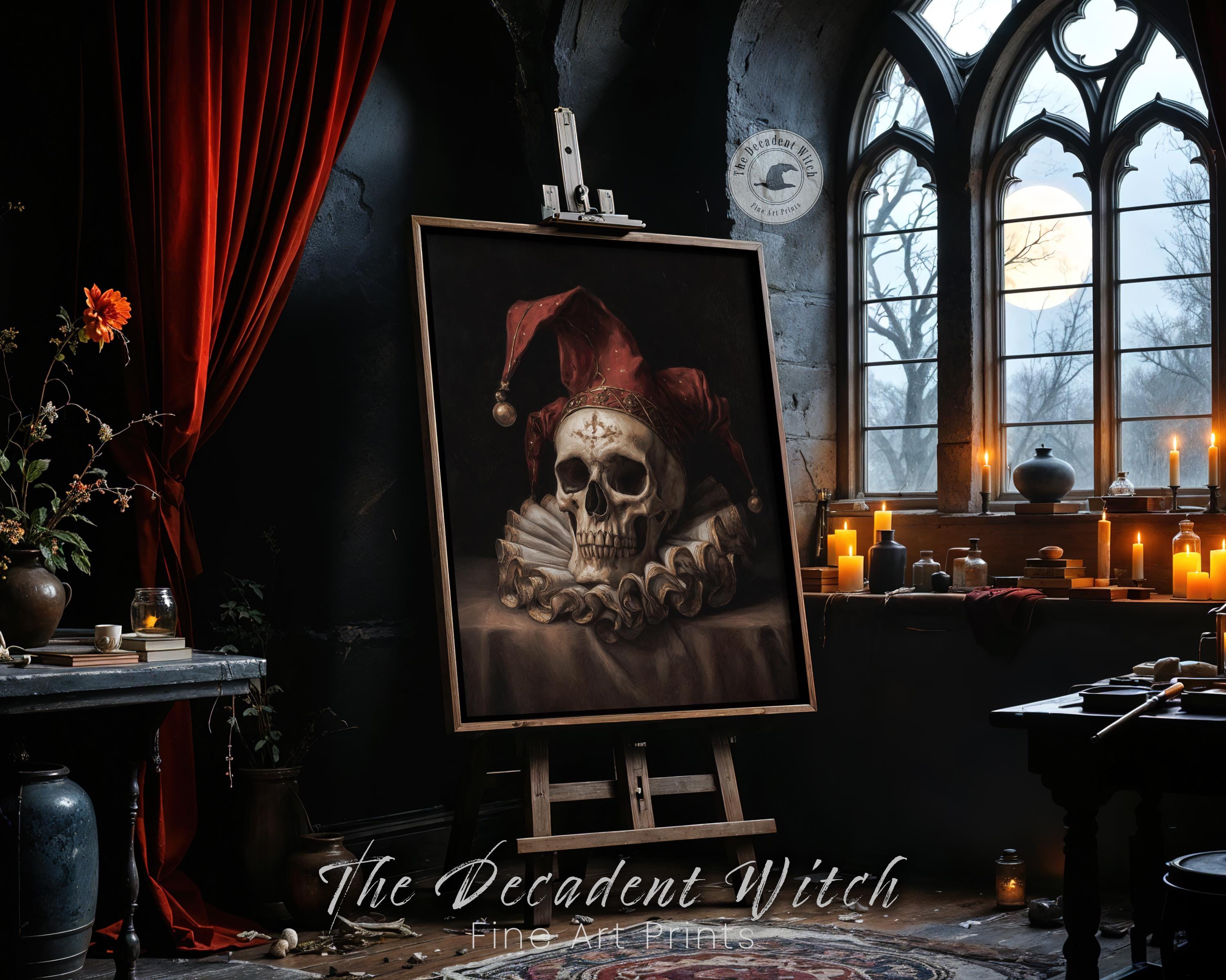 Gothic Skull Jester Art Print | Dark Academia Still Life Painting