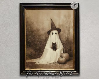 Vintage Halloween Ghost Print | Black Cat Witch Hat Art | Spooky Cute Pumpkin Decor | Dark Academia Wall Poster | Gothic Fall Aesthetic