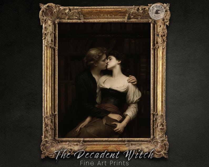 May include: A framed fine art print featuring a romantic scene of two people kissing. The artwork is set in a library, with the figures in period clothing. The frame is ornate, gold-colored, and the print is from "The Decadent Witch."