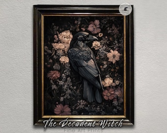 Arte floral oscuro de cuervo, pintura imprimible de cuervo gótico de Dark Academia (forestcore), impresión artística botánica de estilo cottagecore, decoración de pared con un toque melancólico