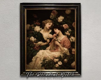 Lámina de arte sáfico romántico / Arte mural lésbico vintage / Decoración cottagecore queer / Arte romántico floral victoriano / Lámina de Dark Academia