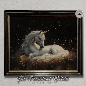 Dark Fantasy Printable Unicorn Painting, Magical White Horse Animal Art Print, Mythical Creature Art, Enchanted Horse Gift For Horse Lovers