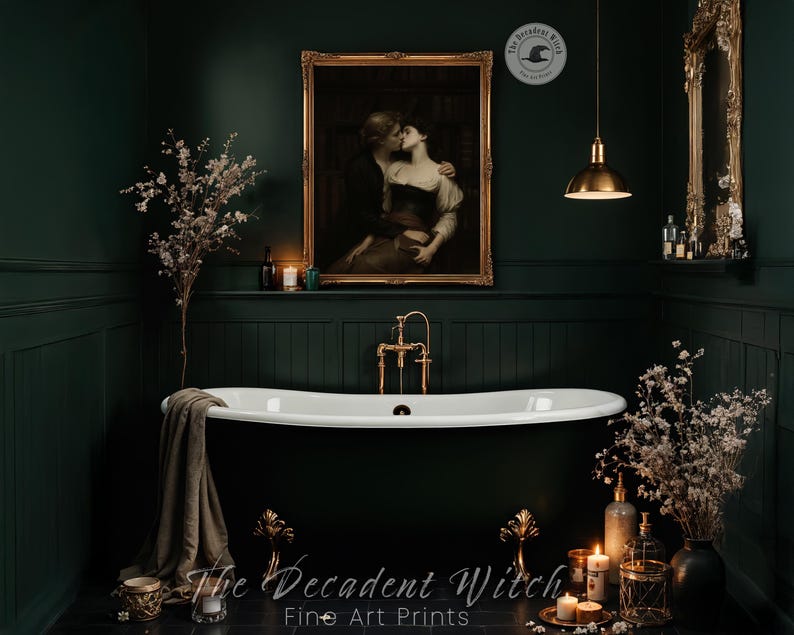 May include: A luxurious bathroom with a white bathtub, gold fixtures, and a framed painting. The walls are dark green, and the room is decorated with candles, flowers, and a pendant light. The text "The Decadent Witch Fine Art Prints" is visible.