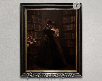 Victorian Lesbian Library Lovers Print | Gothic Dark Academia Book Art | Sapphic Romance Digital Download | Moody Vintage Wall Decor
