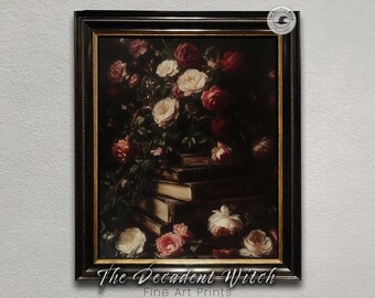 Dark Academia Vintage Books Artwork, Printable Cottagecore Decor Moody Wall Art, Old Books Victorian Library Wall Print, Bookish Floral Art