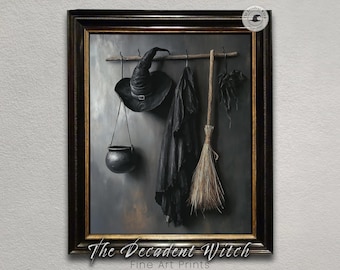 Dark Witchcraft Art Print, Witch Is Home Halloween Decor Gothic Wall Art, Vintage Witch Painting, Dark Academia Aesthetic Witchy Artwork