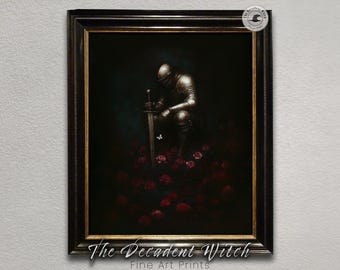Floral Medieval Knight Printable Gothic Wall Art, Dark Academia Moody Aesthetic Art, Dark Knight In Armour Fantasy Decor, Forestcore Print