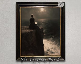 Moody Dark Academia Seaside Beach Art Printable, Victorian Woman Reading Dramatic Clifftop Gothic Literary Wall Art Vintage Book Lover Decor