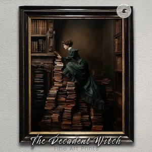 Victorian Woman Reading On Book Stacks, Vintage Library Wall Art, Dark Academia Decor, Moody Literary Print, Gothic Book Lover Aesthetic