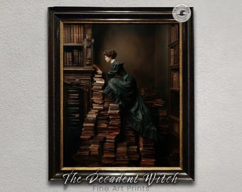 Victorian Woman Reading On Book Stacks, Vintage Library Wall Art, Dark Academia Decor, Moody Literary Print, Gothic Book Lover Aesthetic