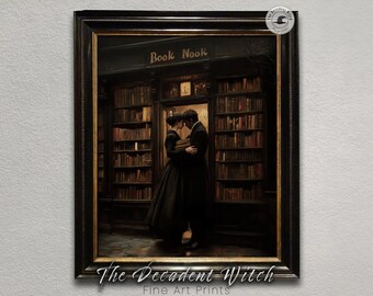 Dark Academia Bookstore Art Print | Romantic Gothic Wall Decor | Victorian Lovers Poster | Moody Literary Aesthetic Artwork