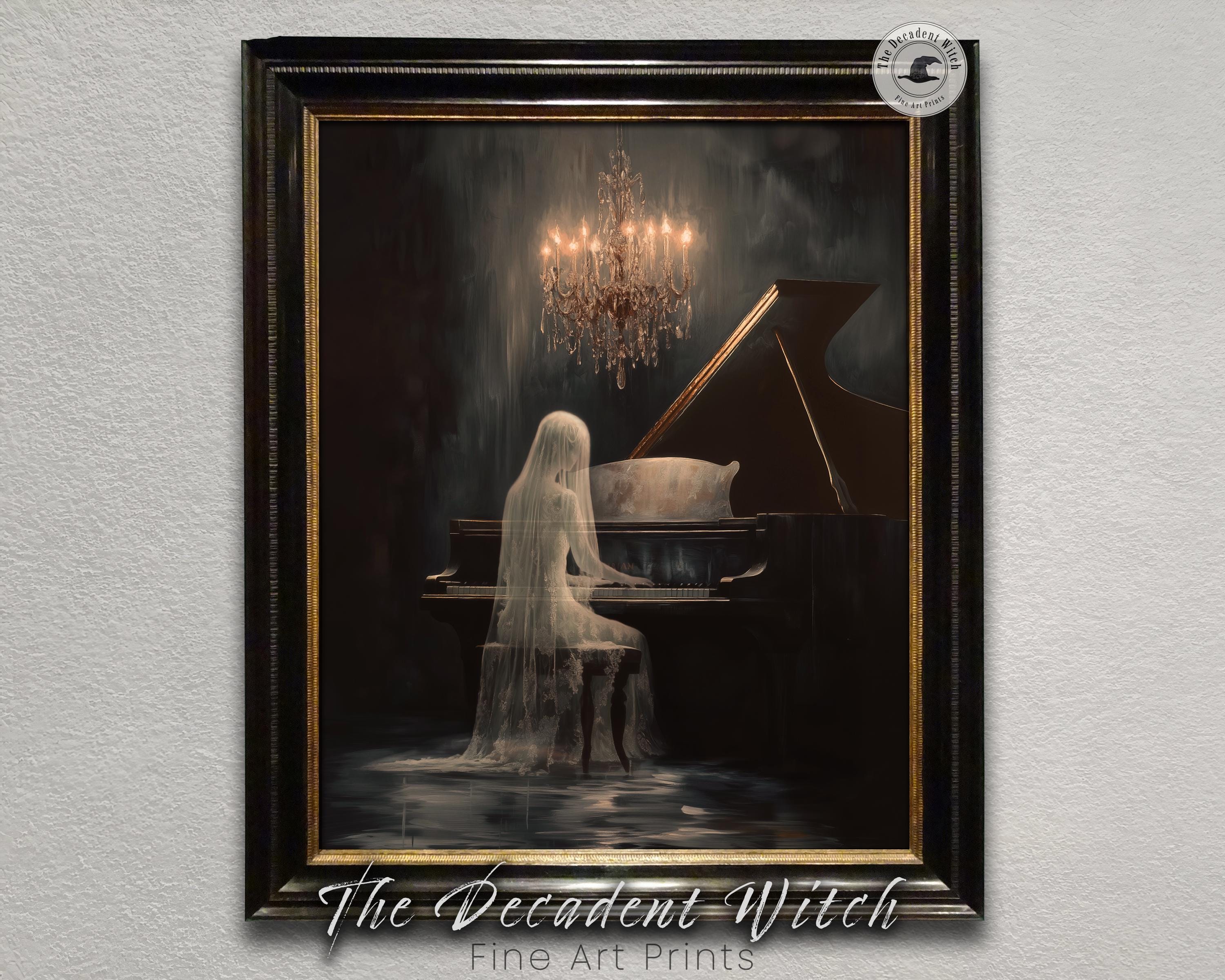 Haunted Ghostly Woman Playing Piano Printable Victorian Moody Wall