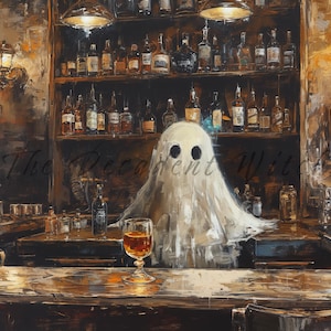 Peut inclure: Un fant&ocirc;me blanc est assis au bar avec un verre de liquide ambr&eacute; devant lui. Le bar est faiblement &eacute;clair&eacute; et a des &eacute;tag&egrave;res de bouteilles d'alcool derri&egrave;re le fant&ocirc;me. Le fant&ocirc;me a deux yeux noirs et un corps blanc en forme de drap.