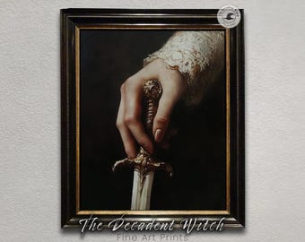 Elegante viktorianische ästhetische Schwertkunst, mittelalterliches Fantasy druckbares Barock Ölgemälde, königliche viktorianische Frau romantisch dunkel Academia Druck