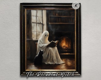 May include: Framed art print depicting a ghost reading a book by a fireplace, with a black cat at its feet. The scene is set in a dimly lit room with a window and bookshelves. The Decadent Witch Fine Art Prints.